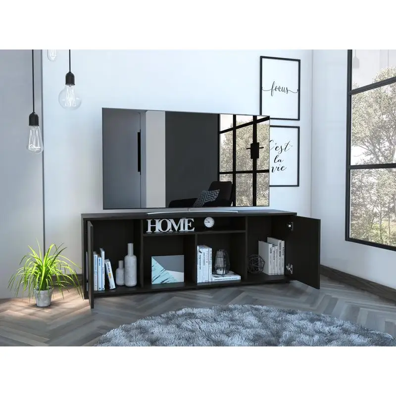 

TV Stand for TVs up to 60 inches, Four Shelves, Black Finish, Modern Design, Adjustable Height, Sturdy Storage Solution