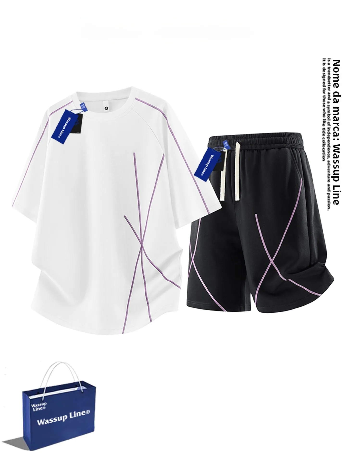 wassup-line-casual-versatile-men's-summer-round-neck-short-sleeve-t-shirt-five-quarter-pants-color-block-two-piece-set