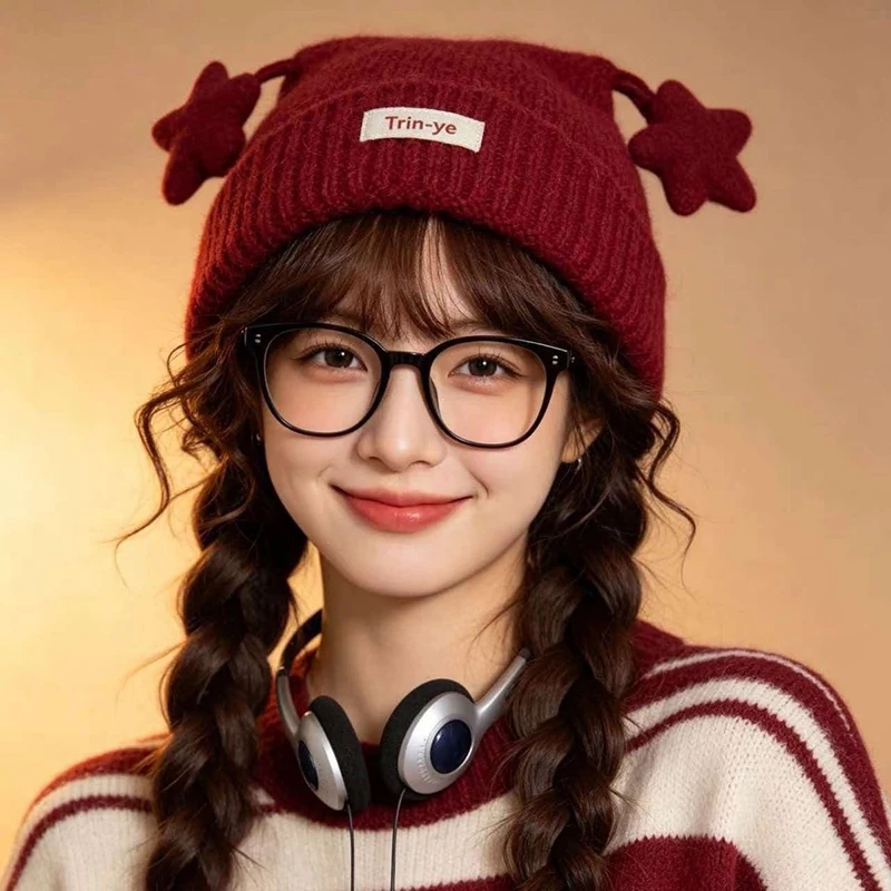 Christmas Red Star Cat-Eared Knit Hat for Women Winter Cute New Year Trendy Look with Facial Slimming and Ear-Warming Wool Cap