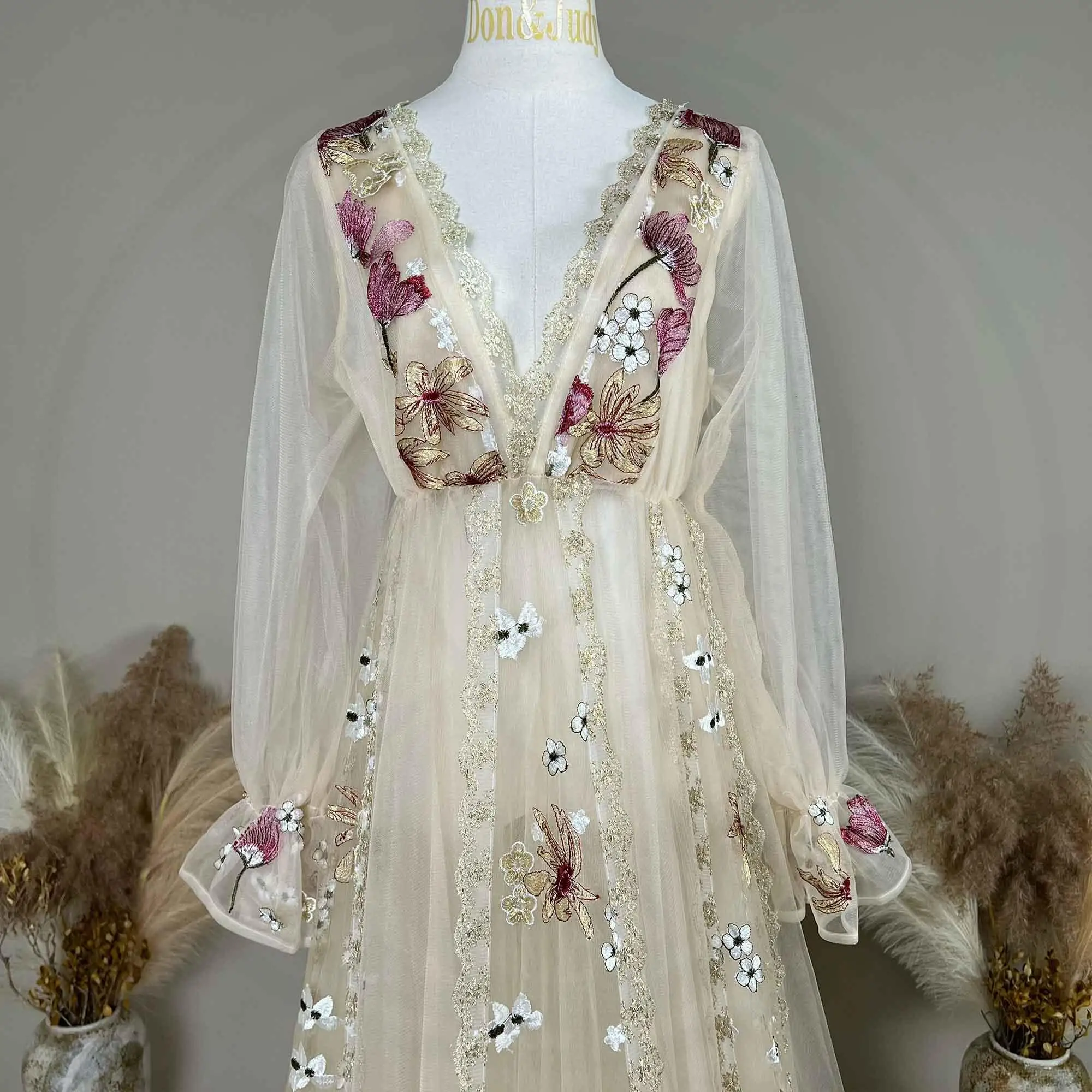 Don&Judy V-Neck Embroidered Flower Dress for Women Elegant Long Sleeve Gown for Wedding Party Photo Shoot