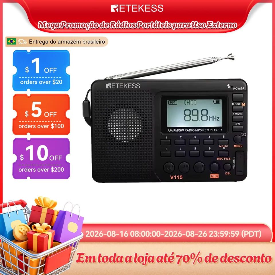 RETEKESS V115 Rádio Portátil Rádio Recarregável AM FM Receptor Multifuncional de Ondas Curtas Boa Qualidade de Som para Camping e Presentes