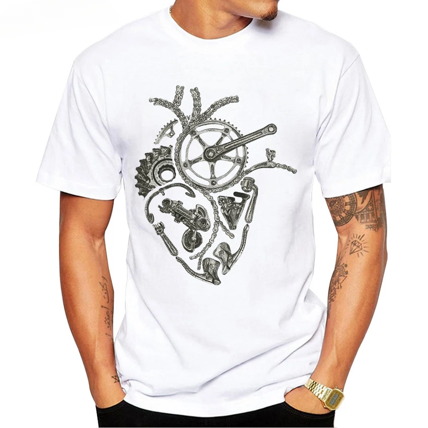 Vintage Summer Men Short Sleeve Anatomical Cycling Heart Bike Print T-Shirt Funny Man White Casual Tops Hip Hop Cool Boy Tees