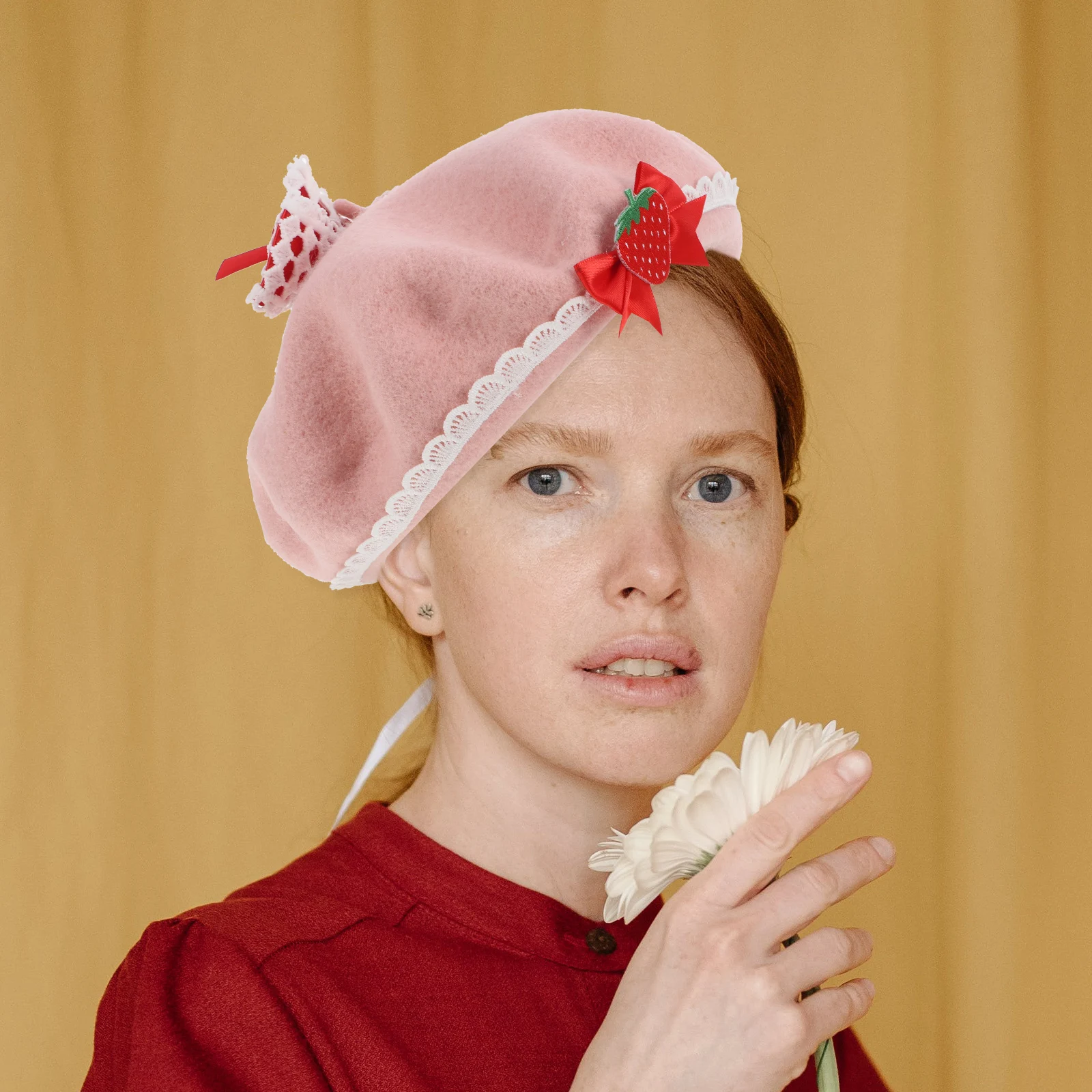 

Woolen Bow Beret Women French Hat Warm Winter Cap Sweet Strawberries Artist Painter Costume