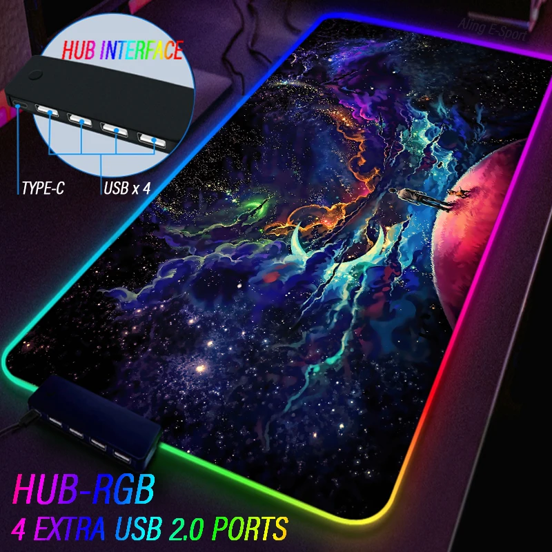 Large RGB Mushroom Galaxy Mouse Pad Fabric Symphony Light Game Tablecloth Computer 4 USB Type C HUB Entertainment Keyboard Rug