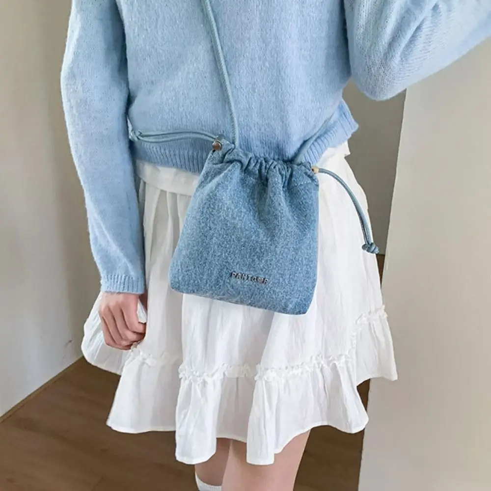 

Y2K Drawstring Denim Canvas Bag Street Style Shopping Bag Vintage Handbag Large Capacity Solid Color Solid Crossbody Bag