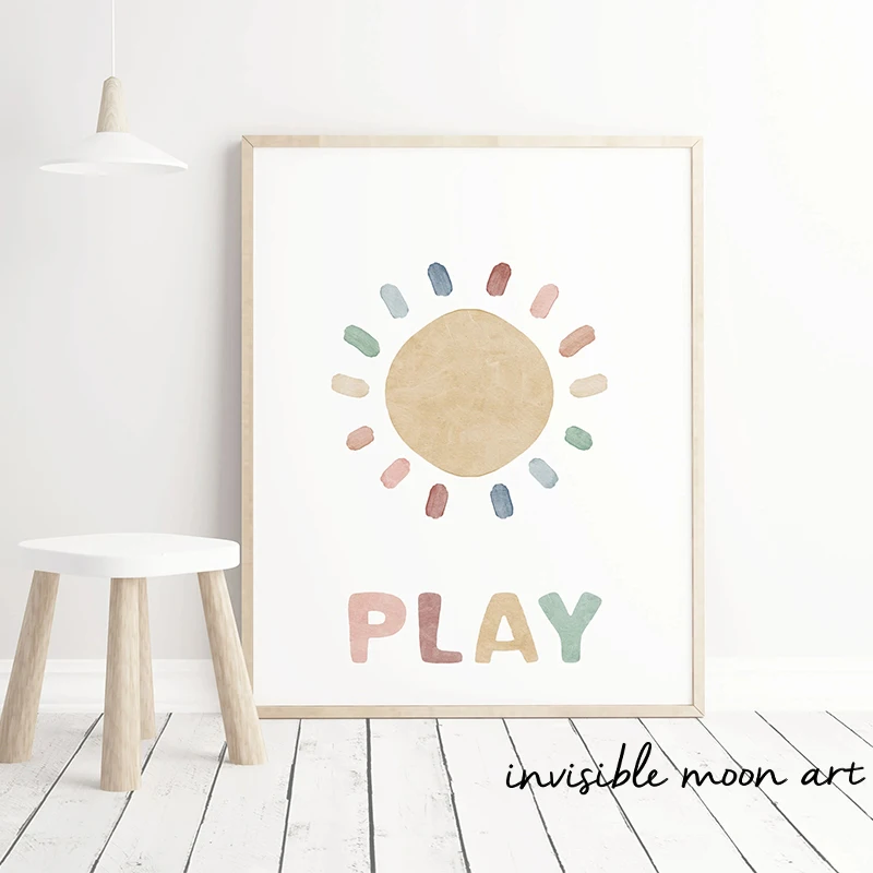 Boho Nursery Sunshine Rainbow Cloud Heart Playroom Sign Play All Day Art Poster Canvas Painting Wall Prints Picture Home Decor