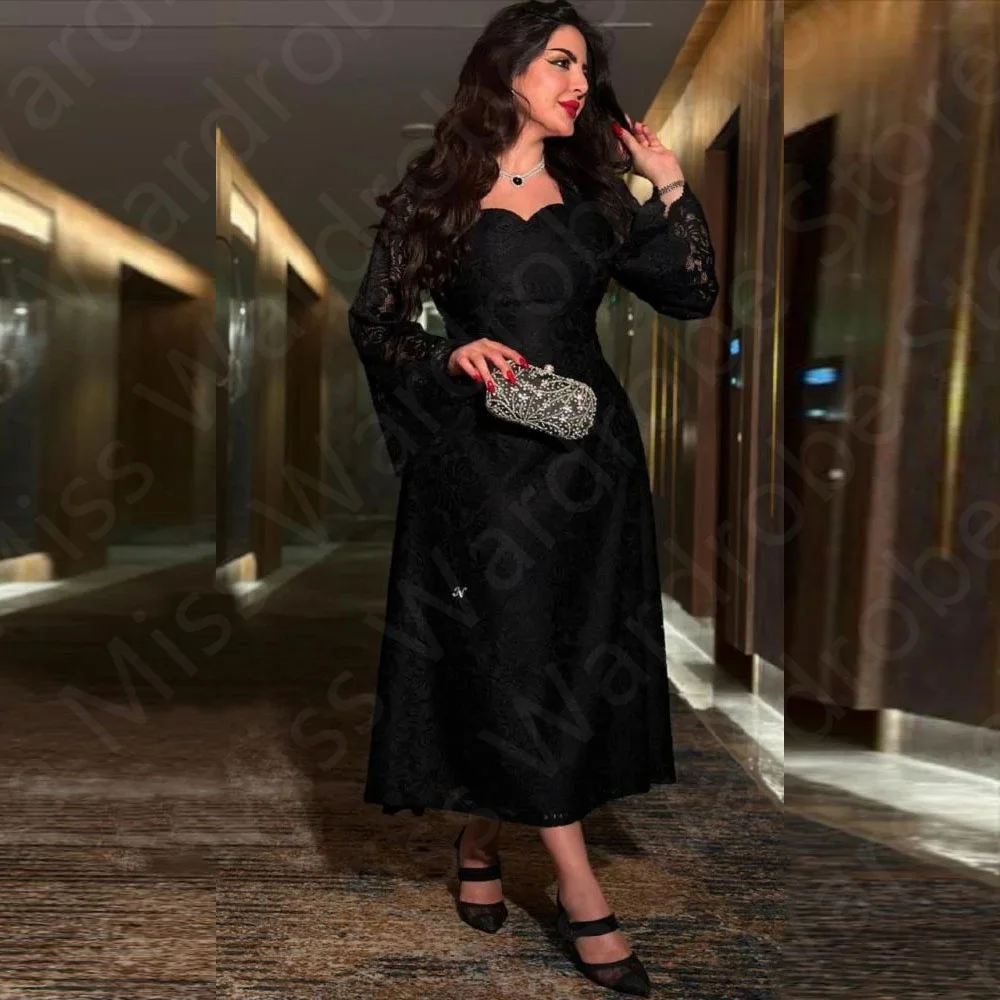 

Customized Gorgeous Prom Dresses Lace Arabic Wedding Party Dresses Black Long Sleeves Evening Gowns Mid Calf Length Middle East