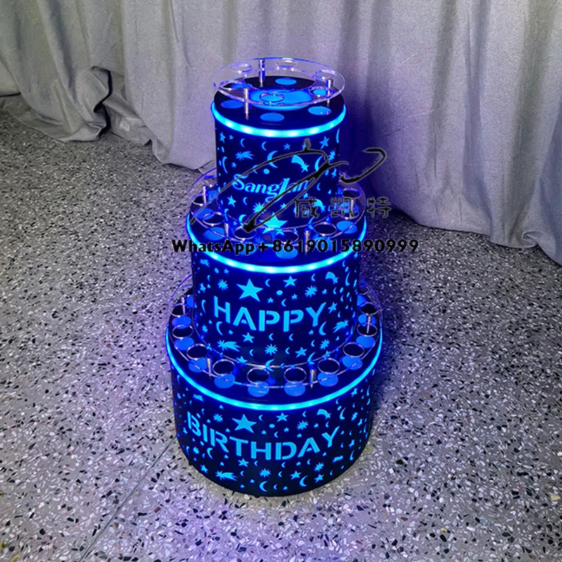 مخصص 3 طبقات النبيذ الرف Led كعكة زجاجة مقدم بار حفلة Vip عيد ميلاد سعيد زجاجة خدمة مقدم مع صينية زجاجية النار #4