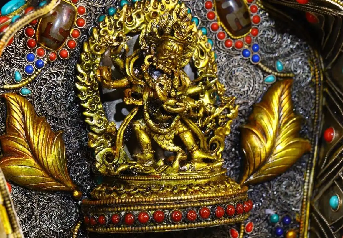9"Tibetan Temple Collection Old Tibetan Silver Gilded Mosaic Gem gZi Beads Six-armed Mahakala Buddhist Niche Worship Hall