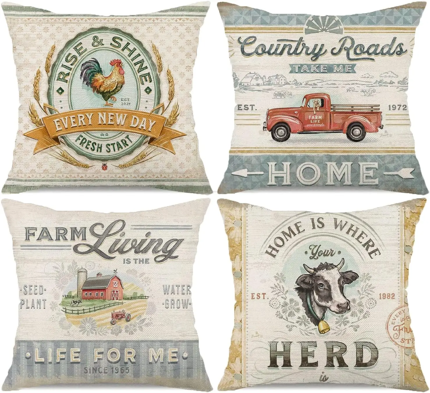 Vintage Farmhouse Animal Pillow Covers 18x18 Set of 4 Retro Farmer's Market Truck Rooster Sheep Feed Seed Premium Poultr