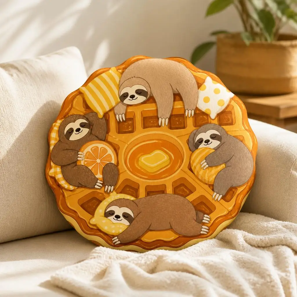 Sleeping Sloth Waffle Throw Pillow Cute Breakfast Cushion Irregular Stuffed Plush Home Decor for Sofa Bed Sloth Lover Gift