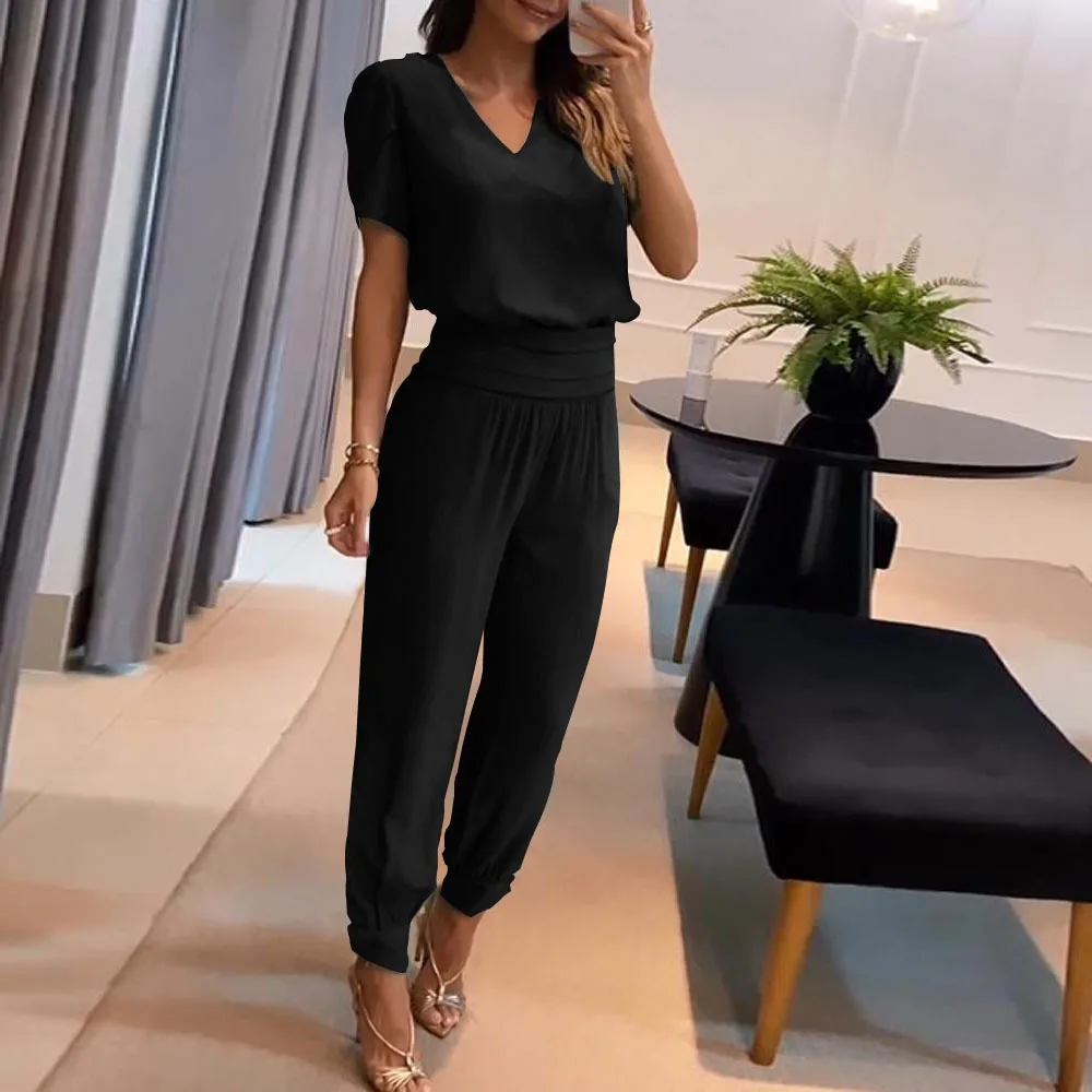 Women's Set 2024 New Fashion And Casual V-neck Printed Short Sleeved Shirt Pants Set Two Piece Set Ladies Outfits Femme Conjunto