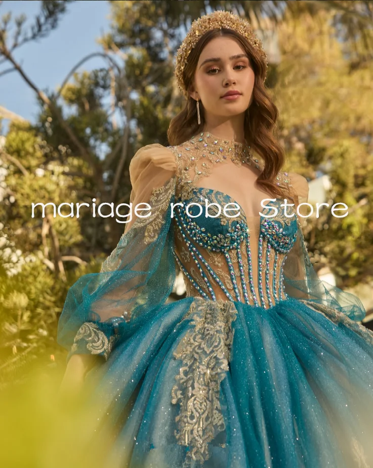 Robes de Quinceañera bleu glace scintillantes, avec veste à manches longues, corset pailleté, cristaux, vestidos de 15 años en promotion, personnalisables