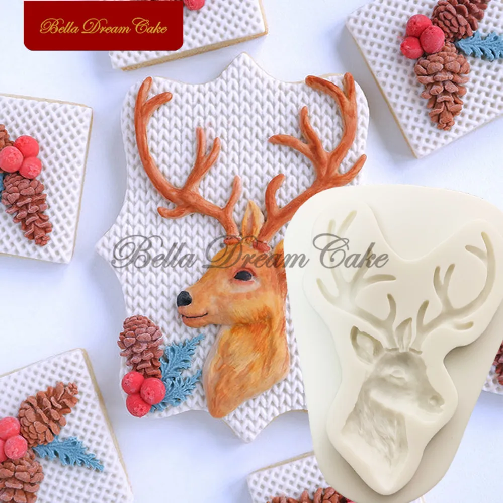 3D Christmas Reindeer/Pine Nut Leaf Wreath Silicone Mold Fondant Chocolate Mould DIY Clay Model Cake Decorating Tools Bakeware