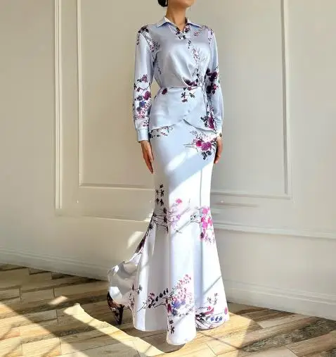 

Two Piece Set Women Outfit 2025 Spring New Floral Print Turn-Down Collar Long Sleeve Lace Up Top & Casual Slim Half Skirt Set