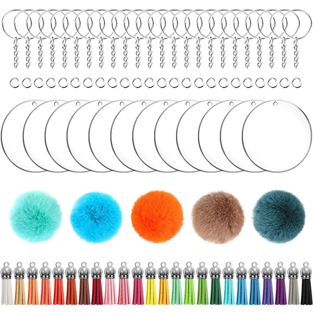 50pcs Key Ring Acrylic Blanks Keychain Tassels Set Round Clear Arylic Keychain Blanks Pom Pom Ball with Chain Jump Rings for DIY