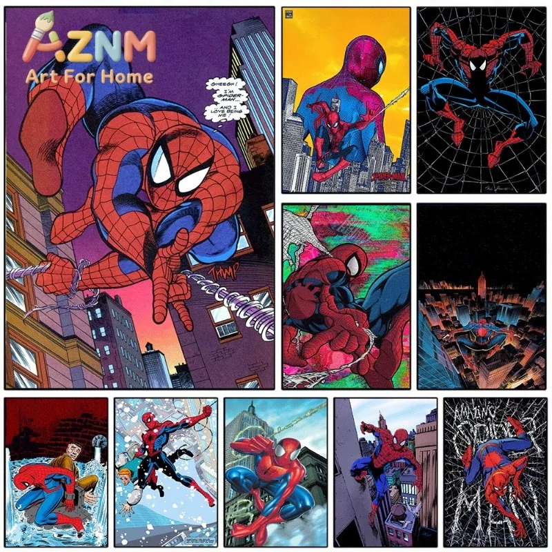 Spider Man Classic Comic Canvas Wall Art Marvel Superhero City Building Scene Unframed Canvas Print Poster Home Decor Painting