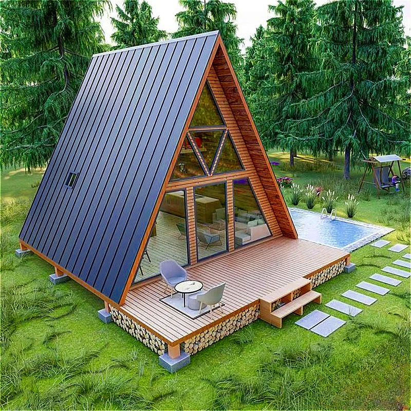 Luxury Outdoor Camping Sports Luxury Modular Prefabricated Triangular Wooden Prefab House with 2 Bedrooms 1 Living Room Price