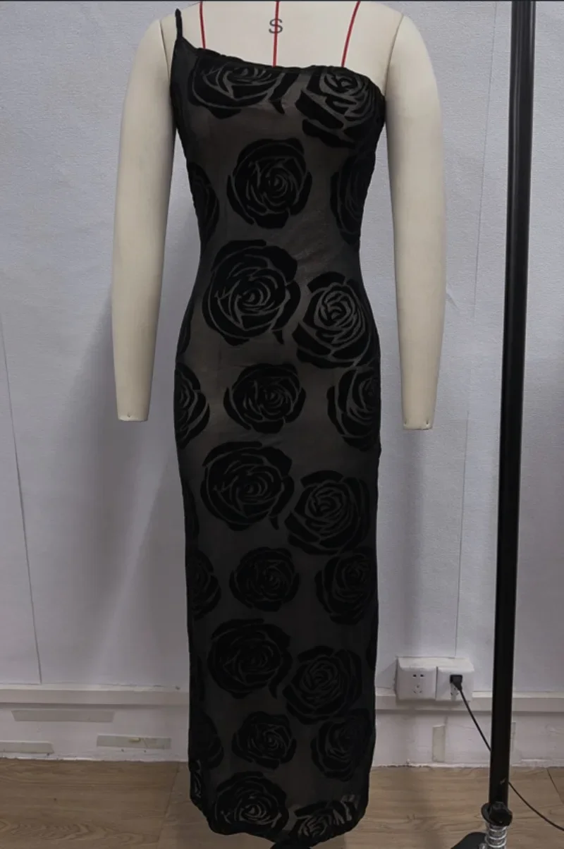 Elegante Rosa Jacquard Longo Maxi Vestido Feminino, Malha Pura, Um Ombro, Sem Mangas, Sem Costas, Bodycon, Festa Noturna, Clubwear, Sexy