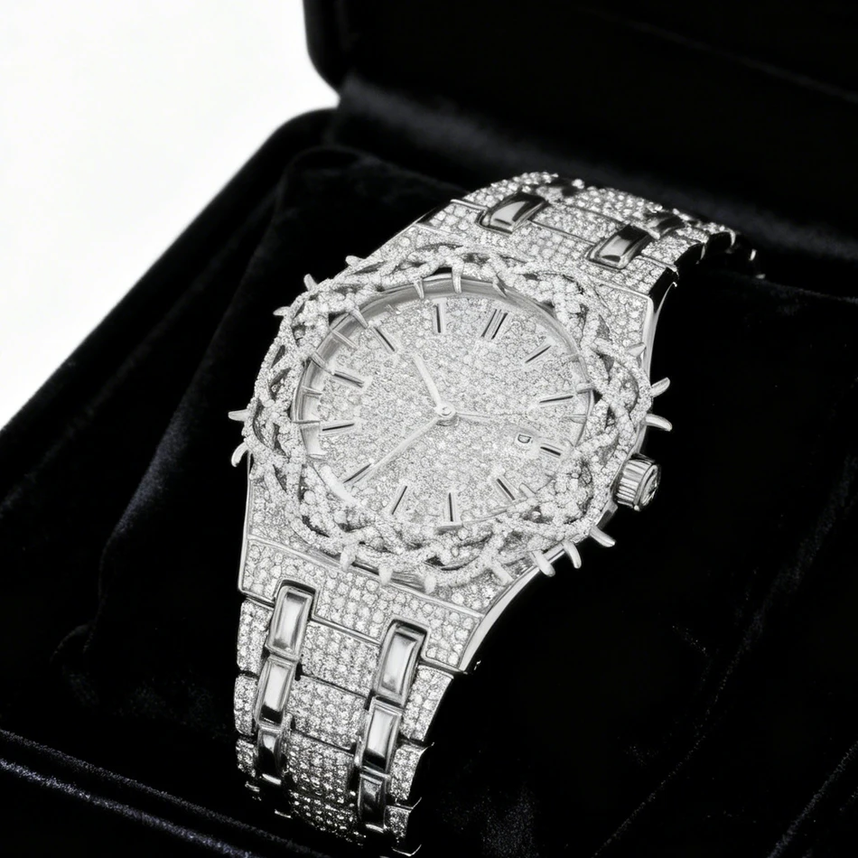 PINTTME Men Quartz Floral Case Watch Luxury Diamond Men's Watch Set with Large Zirconia Stones White Luxury Hip Hop Timepiece
