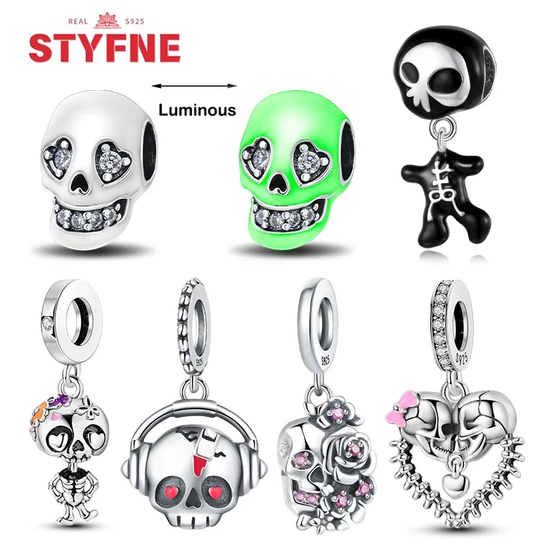 Sterling Silver 925 Luminous Halloween Charms Zombie Skeleton Dangle Bead Fit Original Bracelet DIY Jewelry Gifts for Women