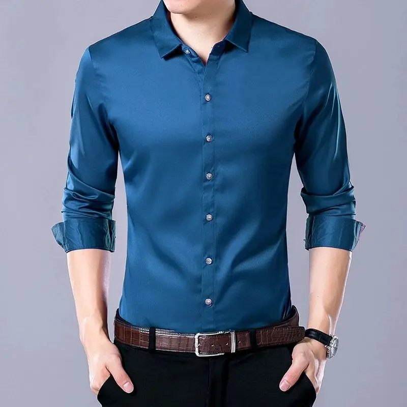 Men's Casual Fashion Business Color Long Sved Shirt Autumn Thickened Fleece Nine-Quarter Sleeve  Collar Special Wide Fit