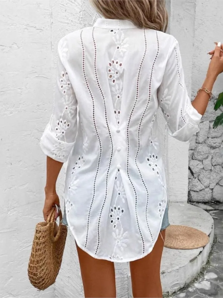 Moda gancho flor oco camisa para mulheres casual branco nove quartos com decote em v pulôver camisas topos senhora férias boho roupas novas