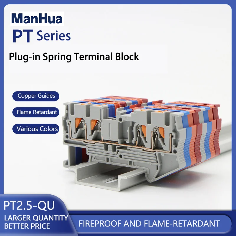 ManHua 10Pcs PT2.5-QU Terminal Block 4 Conductors Din Rail Electrical Wire Spring Connection Push In Conductors Wire Connector