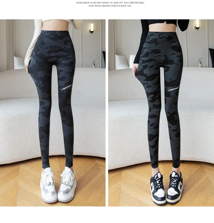 Frauen Camo Shark Hosen Hohe Taille Tasche Leggings Große Größe Dehnbare Casual Hosen Mode Dünne Yoga Fitness Hosen – Detail 16