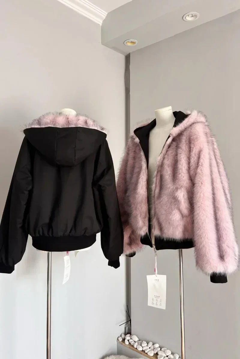 Miiiiix doce rosa reversível jaqueta de pele do falso moletom com capuz de pelúcia solto engrossar hoodies outerwear superior casaco de pele de inverno feminino