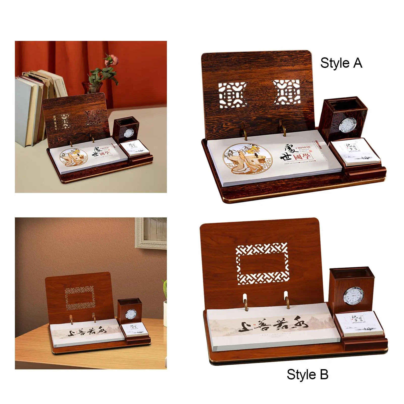 2024 Desk Calendar with Pen Holder Note Clock Desktop Calendar Memo Pages Organizing and Planning for Tabletop New Year Business