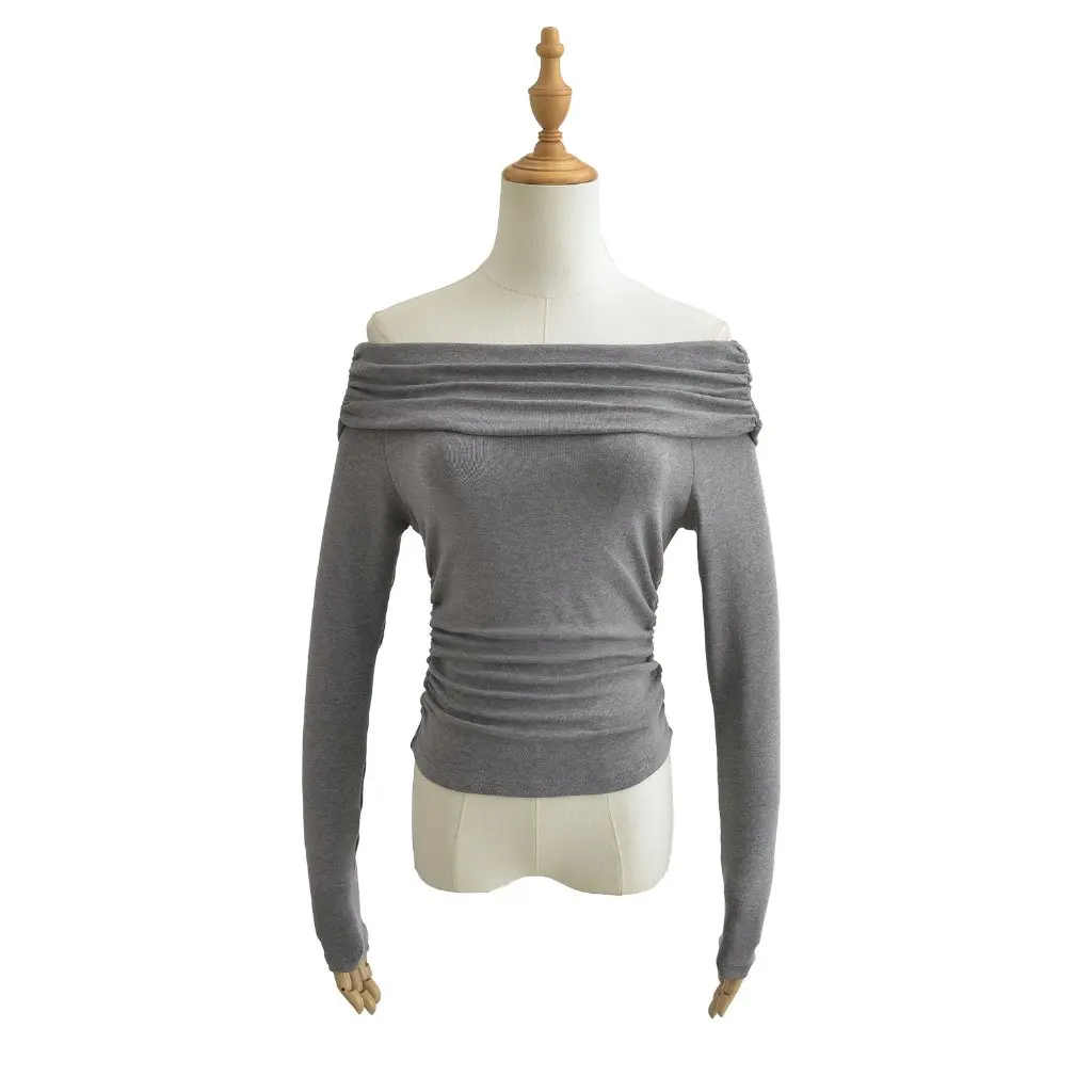 

Женская сексуальная плиссированная футболка с открытыми плечами и длинными рукавами, утягивающий низ, топ, чистый стиль для девочек, узкая талия, осень-зима