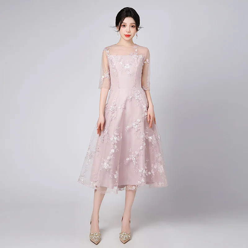 레이스 이브닝 가운 여성용 플로럴 프린트 라운드 넥 이브닝 드레스 프롬 파티 롱 드레스 포멀 드레스 우아한 파티 드레스