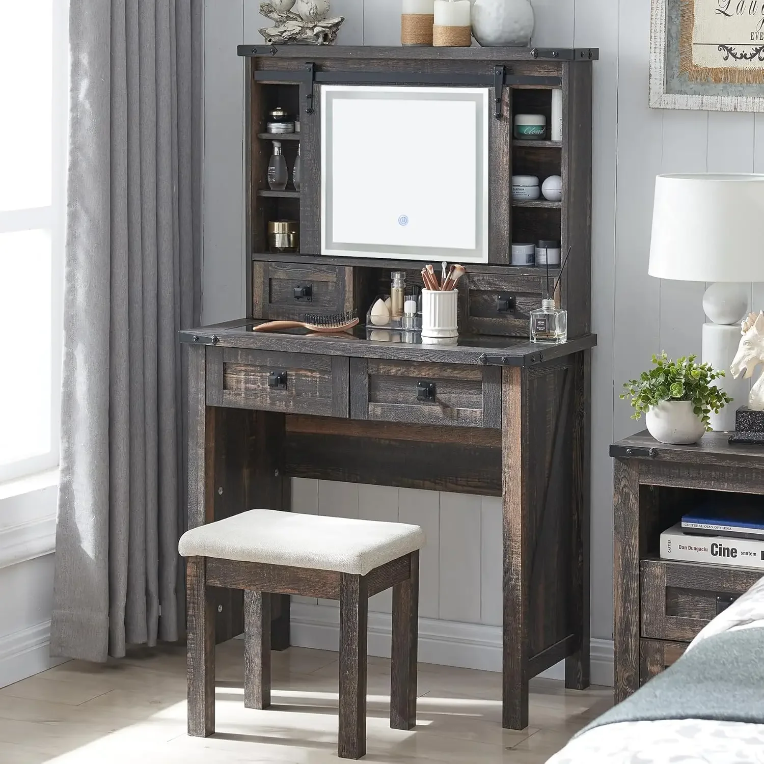 Bureau de courtoisie de maquillage de ferme avec miroir coulissant et lumières, 31.2 en verre, vanité britannique, table en spanTable avec égouts de proximité