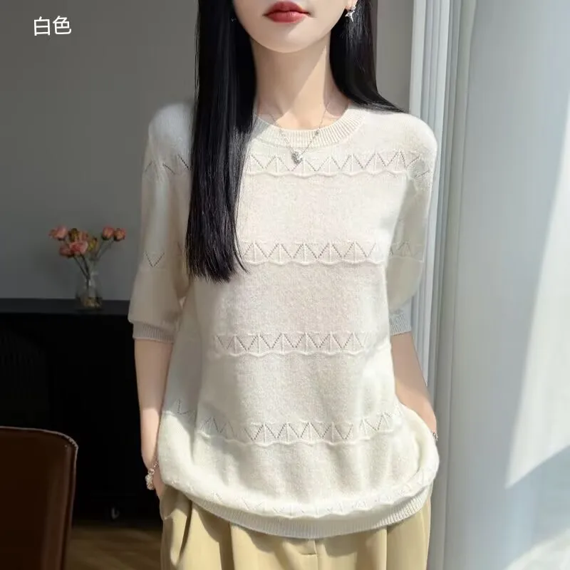 

2026 High end Women's Sweater T-shirt Retro Wool Knitted Spring/Summer Breathable Loose Look Slim Fashion Short Sleeve BottomTop