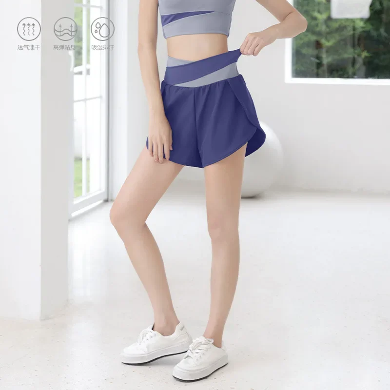 Color matching fake two yoga shorts naked feeling anti-slip sports shorts Running fitness pants women free by post