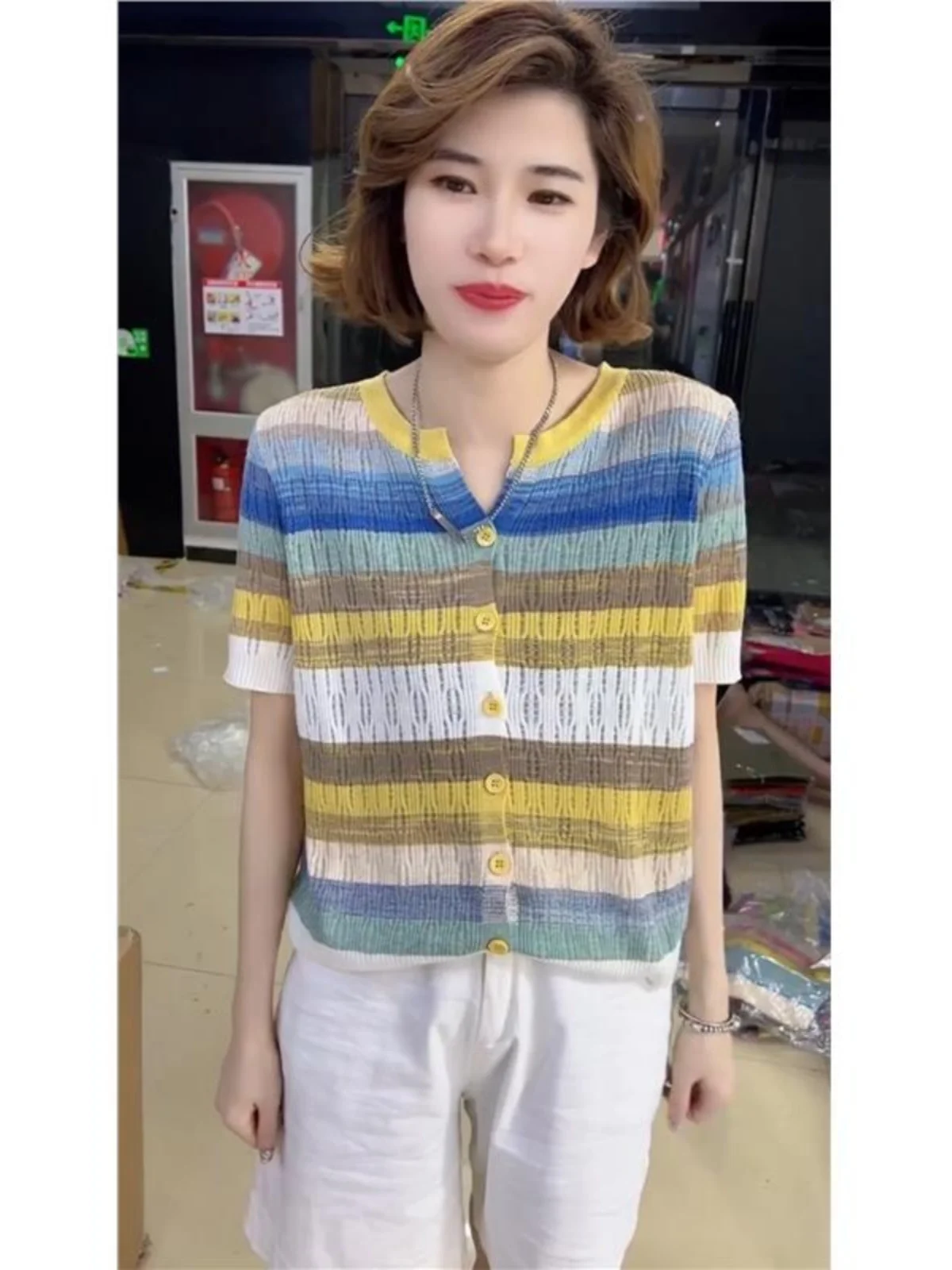 

Rainbow Stripes Women's Open Cardigan Thin Breathable ort Sve Knitted Top Faionable Summer irt Small Fem irt