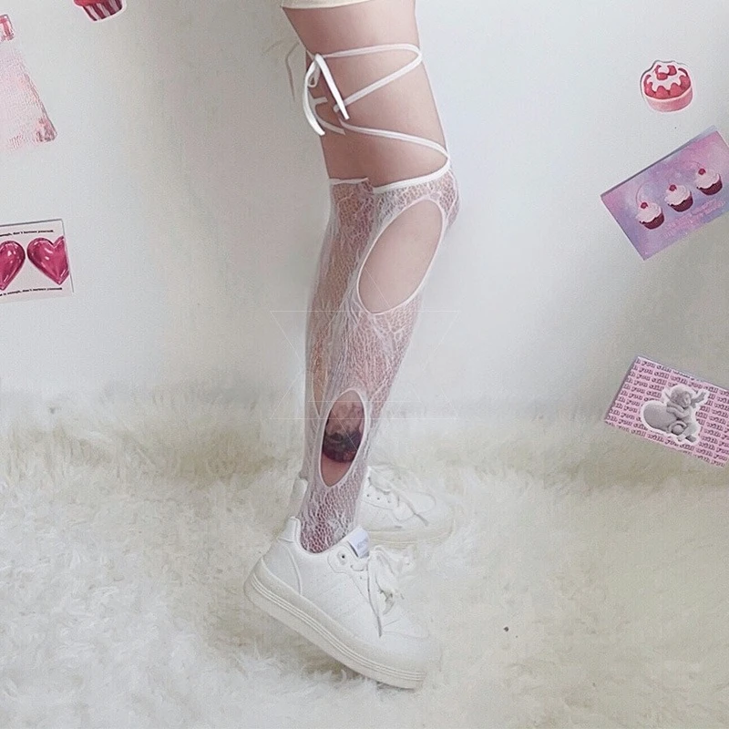 Meia de halloween gótica bruxa escura tubo longo sexy meia de pesca renda renda alça oca coxa meia feminina