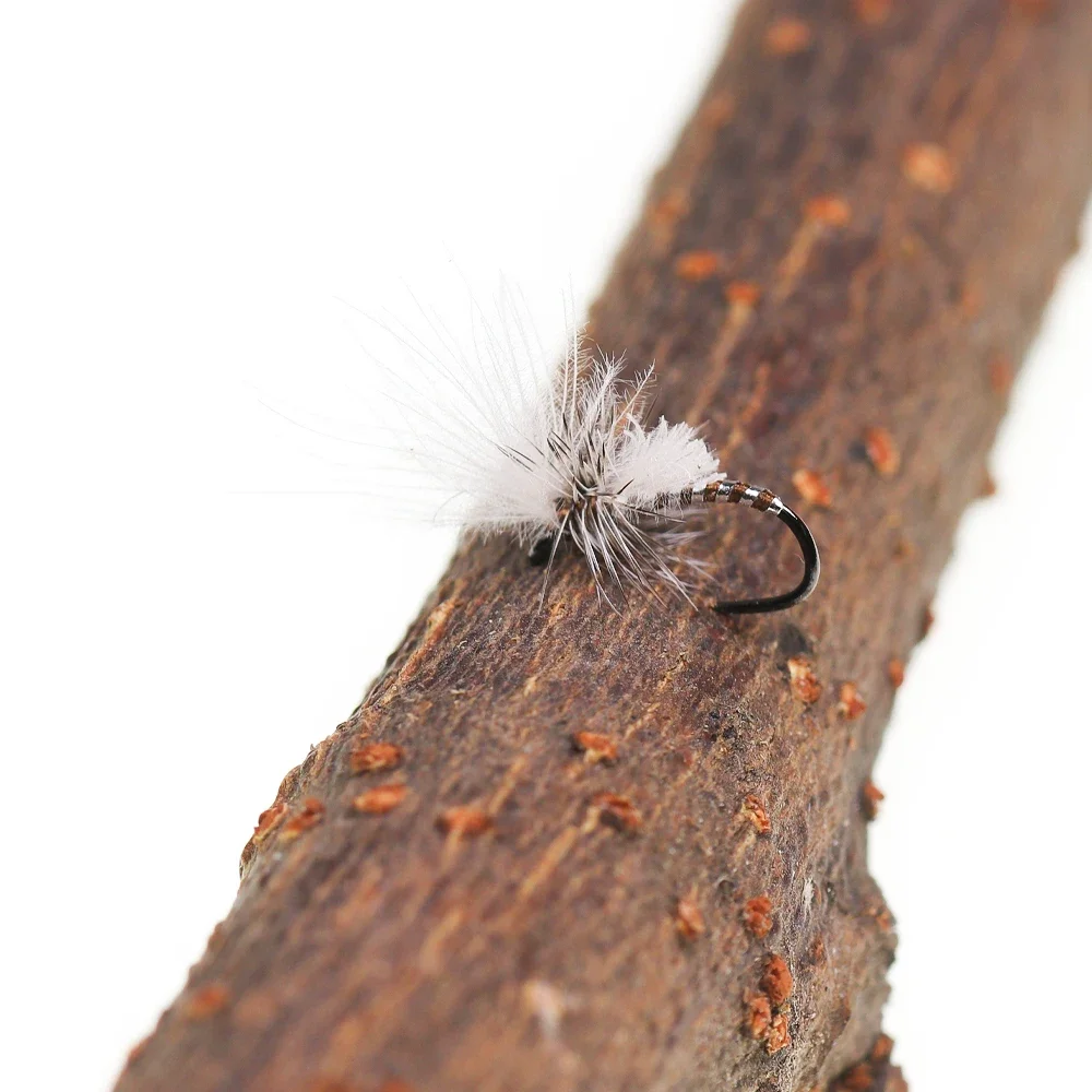 5 Stück/6 Stück # 20 Hahnentritt-Feder Mayfly Haken ohne Widerhaken CDC Feder Trockenfliege Künstlicher Insektenköder Forellen- und Fischgrälfischerköder – Detail 6