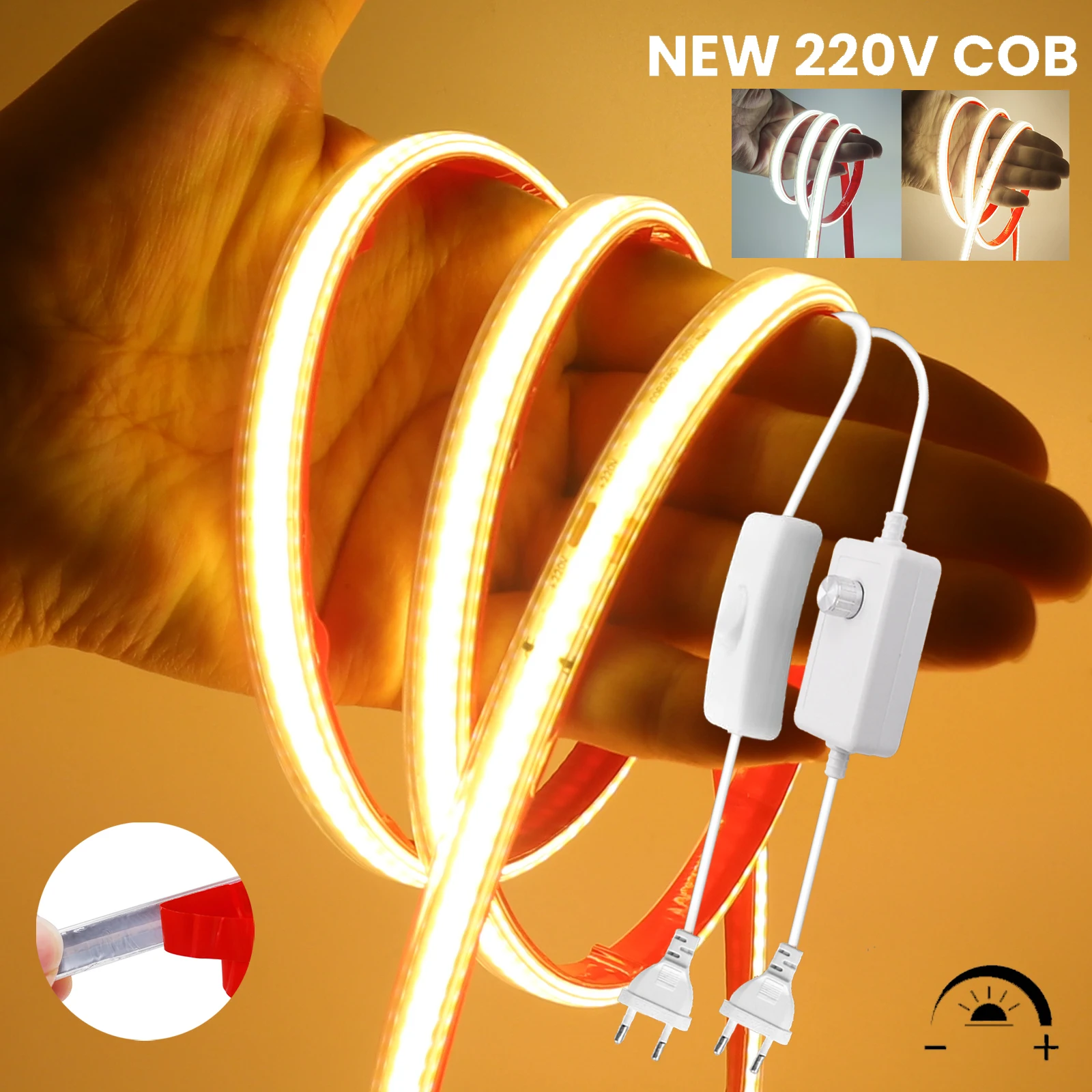 220V COB LED Strip Light Waterproof with Switch/Dimmer Power Kit High Bright 288Led/M 3000K 4000K 6000K Flexible Tape Home Decor