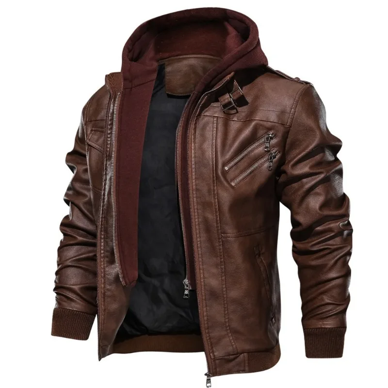 

European and American Fake Two-piece Leather Jacket Men's Double Zipper Hooded Motorcycle Leather Detachable Hooded Coat Fashion