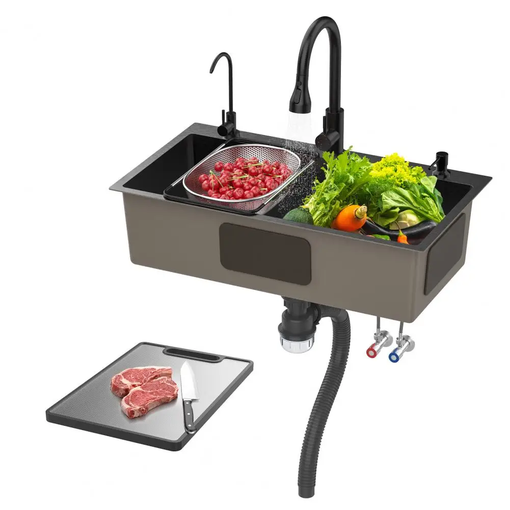 

Черная кухонная мойка из нержавеющей стали, встраиваемая/навесная, с разделочной доской и корзиной для слива