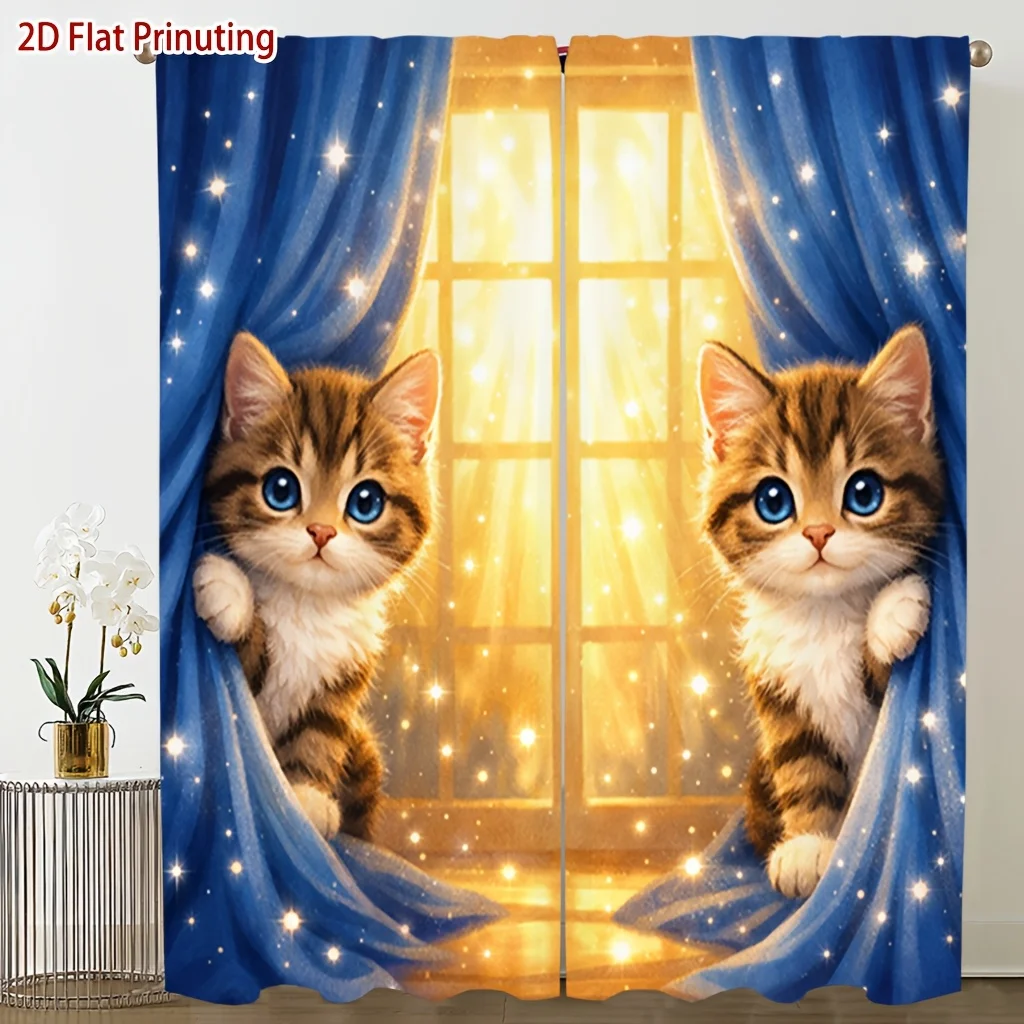 Cute Cartoon Cat Lovers Window Curtains 2pc Printed Wall Decor Home Bathroom Privacy Curtains Polyester Modern Design
