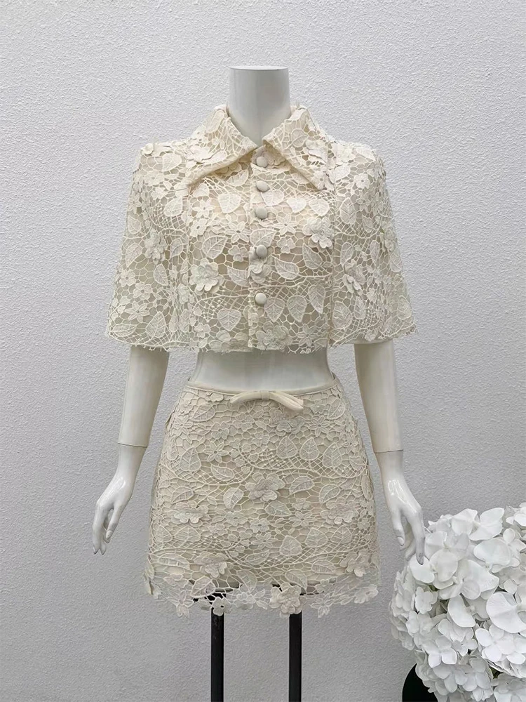 Elegant White Lace Hook Flower Cloak Top Women's Fashion Luxury Slim Fit Half Skirt Two-Piece Set High Waist Short Skirt