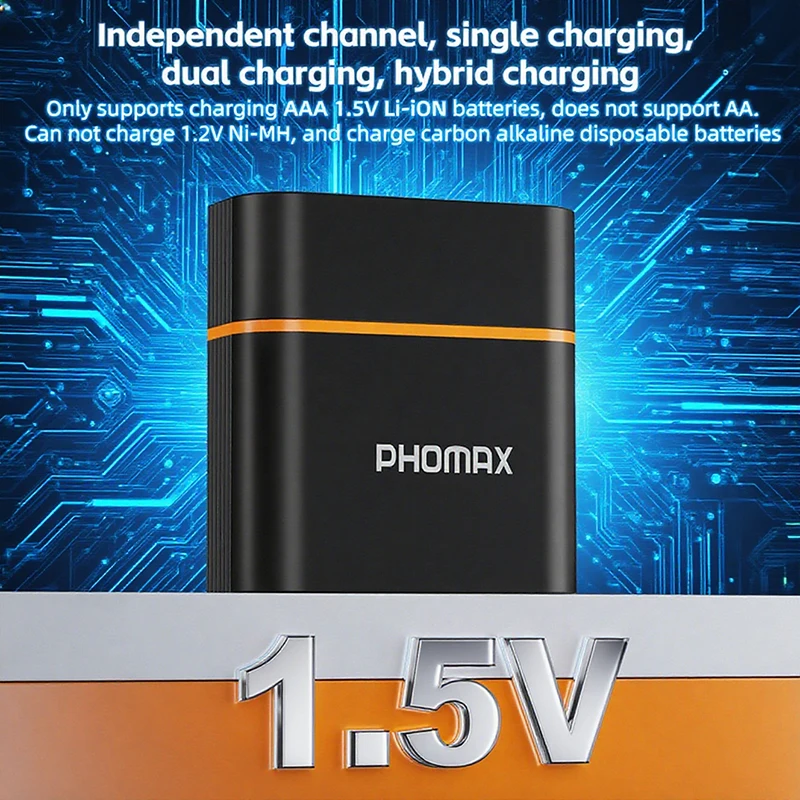 PHOMAX Hochwertige 4 Stück AA wiederaufladbare zylindrische Lithium-Ionen-Batterien mit intelligenter LED-Anzeige, professionelles Batterieladegerät