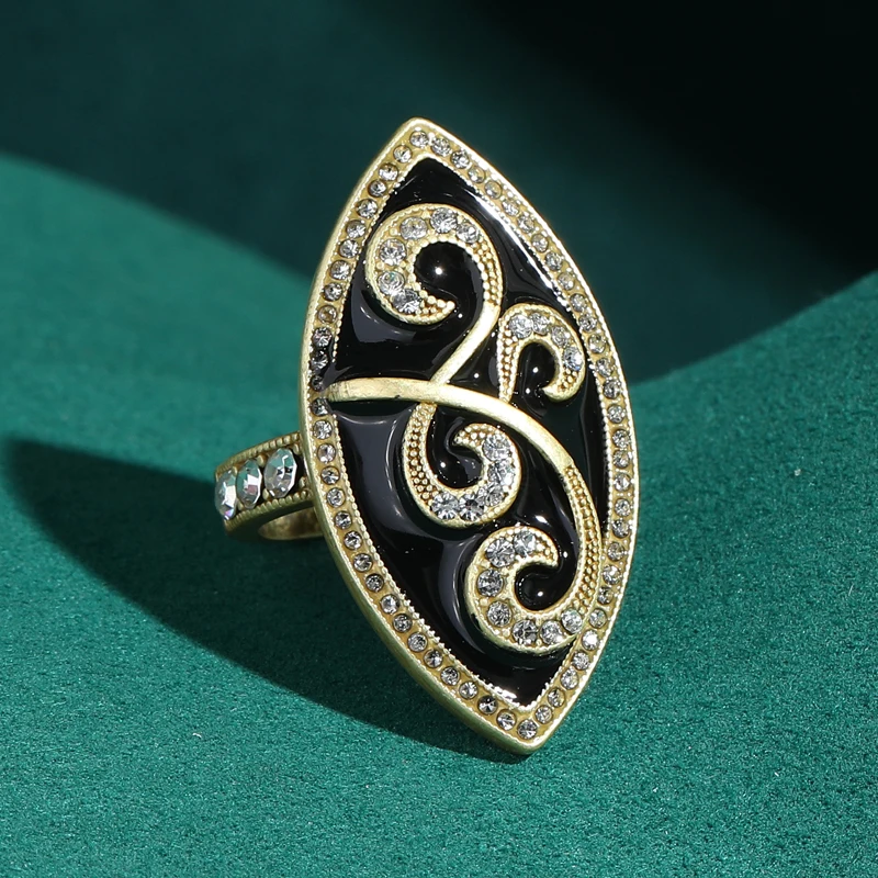 

Large Oval Black Enamel Rings Antique Gold Plated Musical Note Flower Jewelry Rhinestone Luxury Art Deco Music Festival Charms