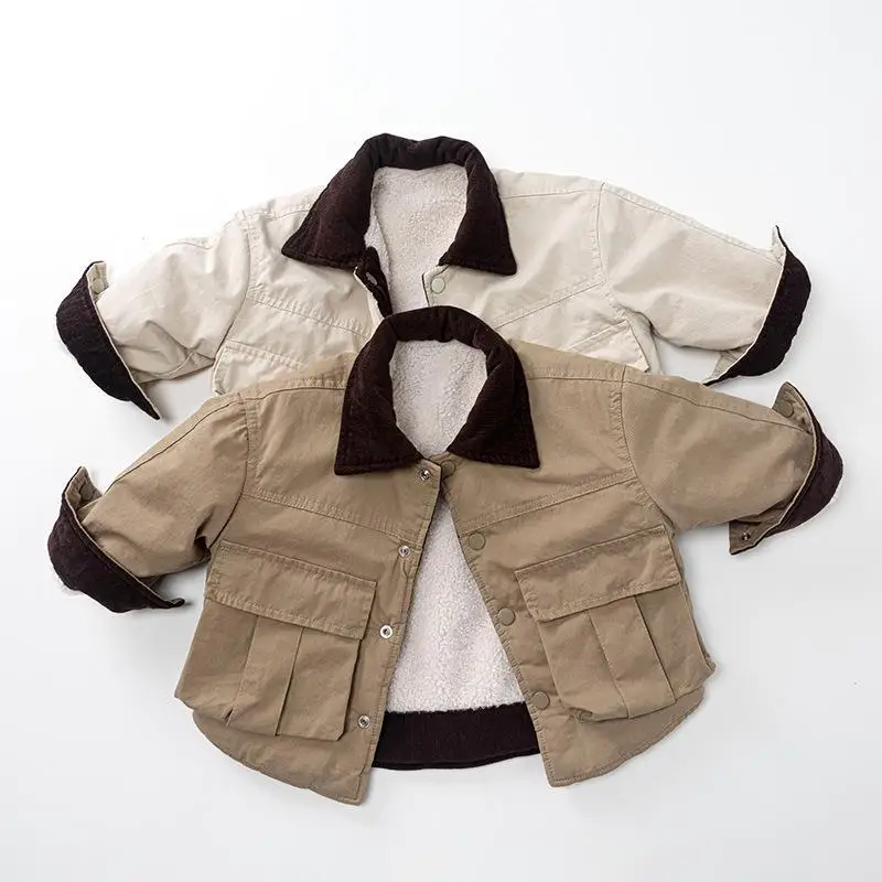 

2025 Winter New Children Plus Velvet Thick Coat Boys Girls Lapel Cotton Padded Jacket Baby Casual Shirts Jacket Kids Clothes