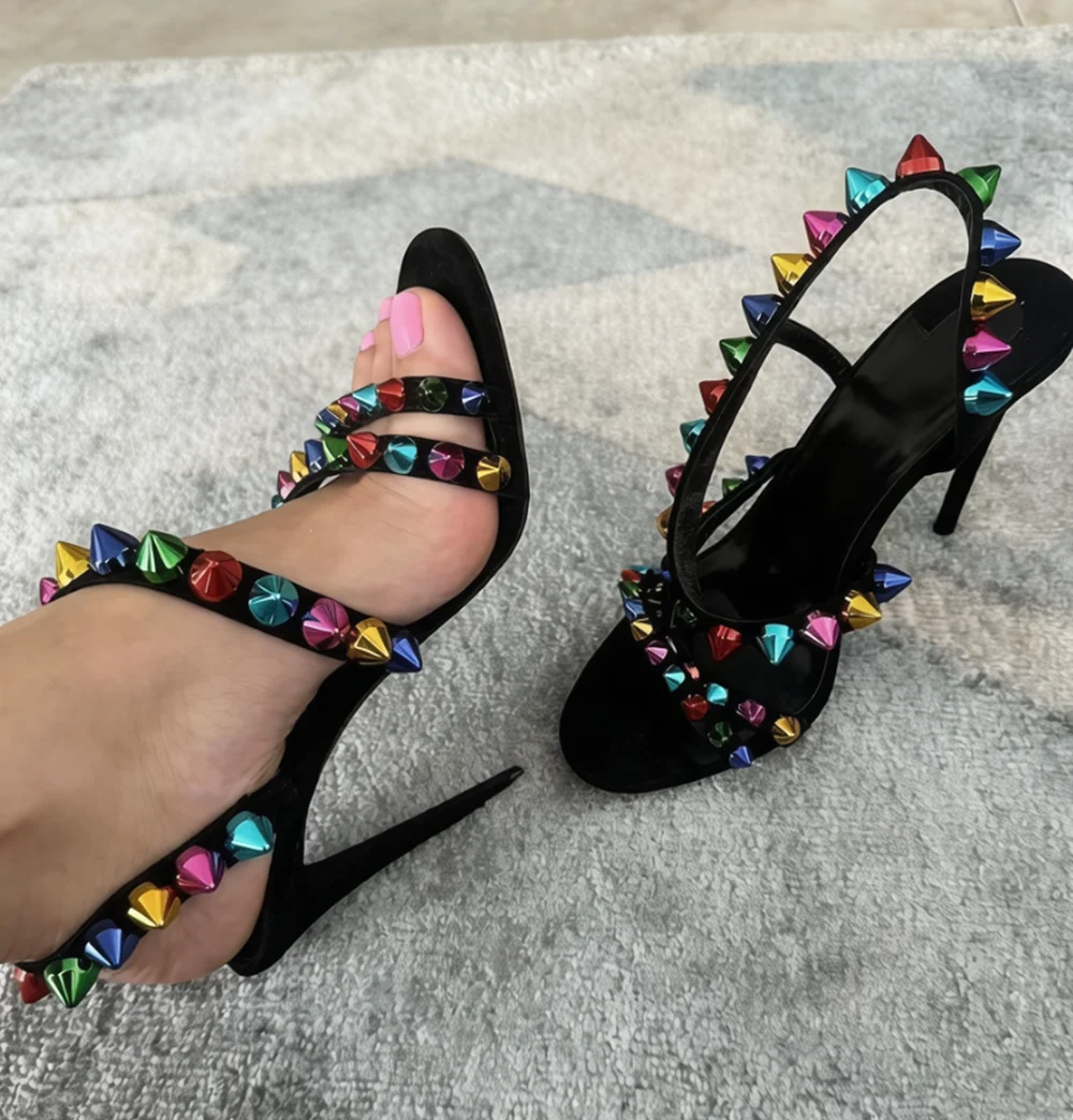 Fashion Black Stiletto Studded Straps Sandals Punk Rock Style Multi-Colored Stud Lady Sandals for Club Nights Party Outfits