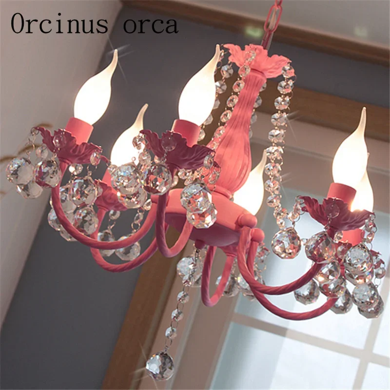 Korean pink crystal chandelier children's room Princess Girl bedroom living room dining room Mediterranean Garden Chandelier