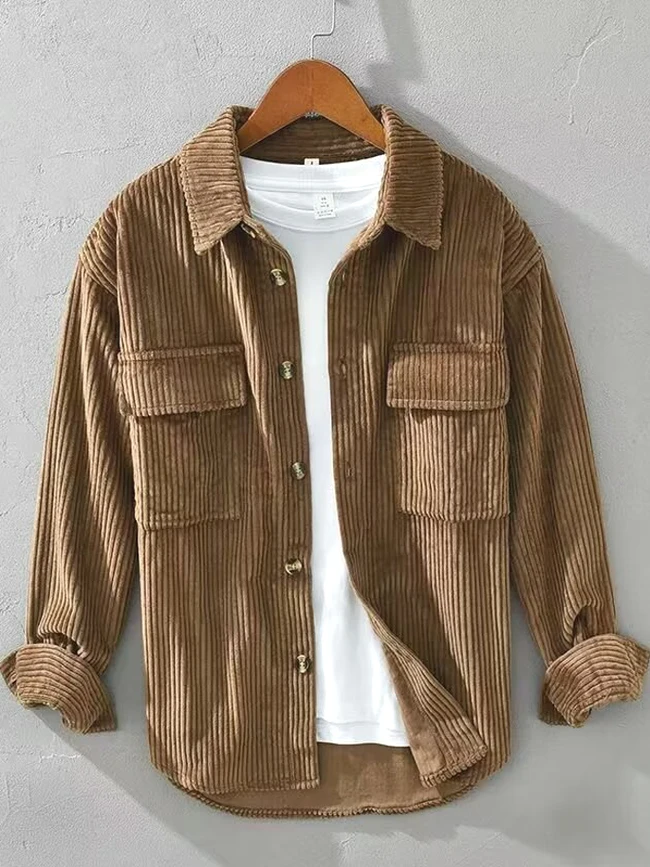 

American Retro Work Jacket Men's Double Pocket Corduroy Shirt Coat Wool Texture Corduroy Shirt Open Cardigan Long Sleeve